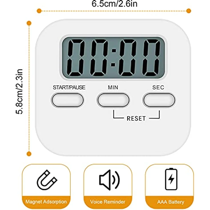 NIAGUOJI Küchentimer mit großem LCD-Display, digitaler Küchentimer zum Kochen, magnetische Stoppuhr, Timer mit lautem Wecker, Eieruhr, weiß – Bild 2
