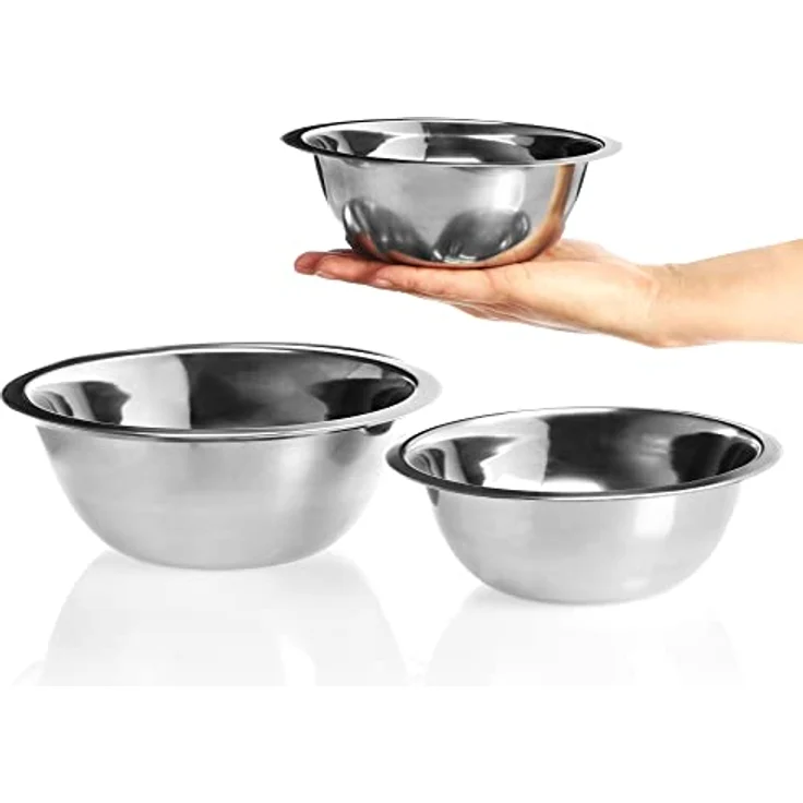 com-four® 3-teiliges Edelstahlschüssel-Set, hochwertig und dekorativ, in 3 Größen (Ø 18/20/24 cm), spülmaschinengeeignet, silberfarben – Bild 5