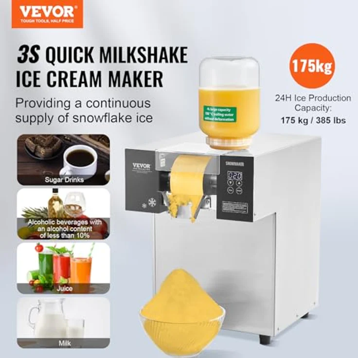 VEVOR Kommerzielle Schneeflocken-Eismaschine Schneeeisbereiter, 175 kg / 24 Std.  -  Eisrasierer elektrischer Schneekegel-Maker mit Flüssigkeitskühlsystem & Touch-Screen, Edelstahl – Bild 2