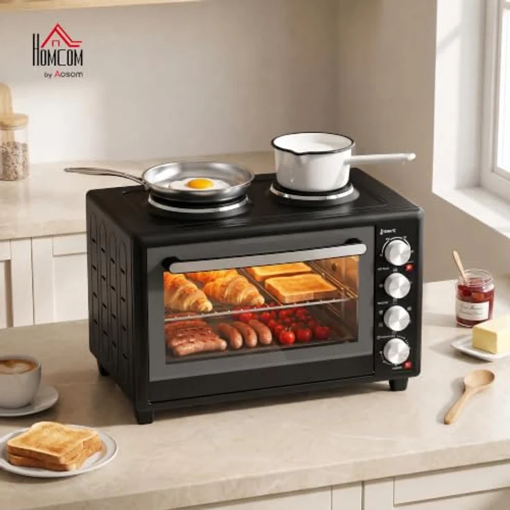 HOMCOM Minibackofen mit Umluft und 2 Kochplatten, 36L, 90-230℃, 60-Min.-Timer, Schwarz – Bild 2