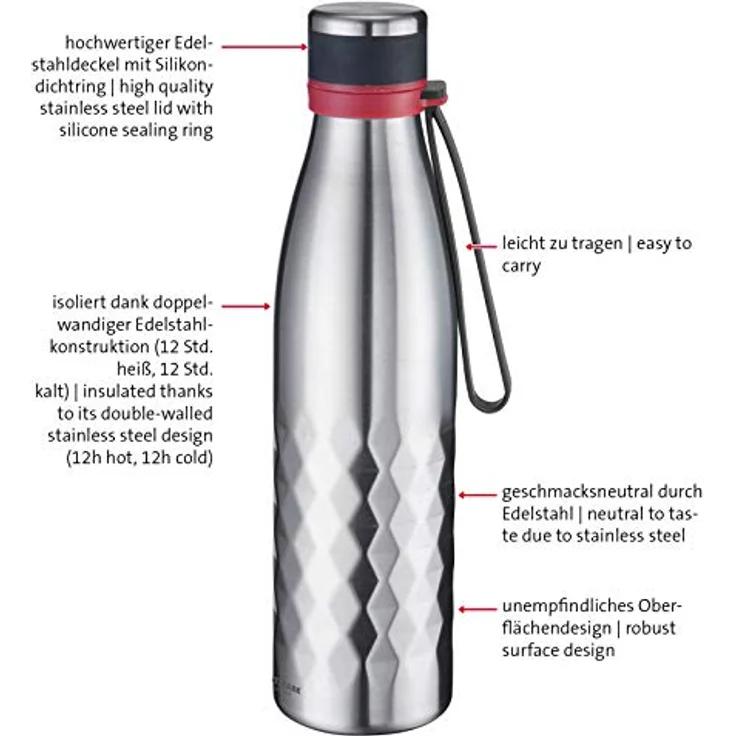 Westmark Isolier--Thermo-Trinkflasche, hält 8 Std. warm-kalt, kohlensäurefest, 700 ml, Rostfreier Edelstahl-Silikon-Kunststoff, BPA-frei, Viva, Silber-Rot, 5283226S – Bild 12
