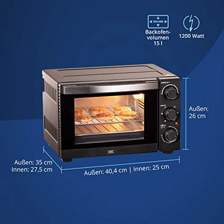 KHG Minibackofen MBO-15S, schwarzer Brotbackofen mit 15l Garraum, Umluft, Ober-/Unterhitze, 6 Funktionsstufen, 60min Timer, Innenbeleuchtung, inkl. Backblech und Grillrost – Bild 3