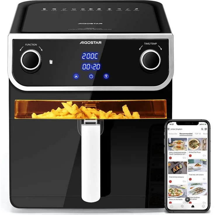 Aigostar Heißluftfritteuse 8L, 1700W Airfryer mit 12-in-1 Kochvorgaben, Sichtfenster, Energiesparend, programmierbar, temperaturgeregelt