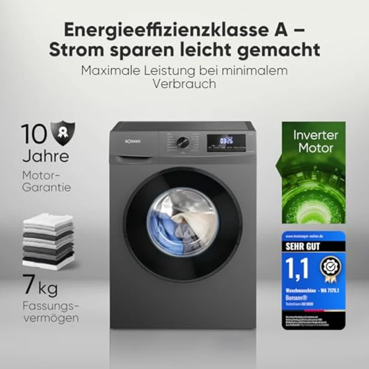 Bomann® WA 7175.1 Waschmaschine 7kg, Inverter-Motor, max. 1400 U/min, LED-Display, 15 Programme, Titan – Bild 2