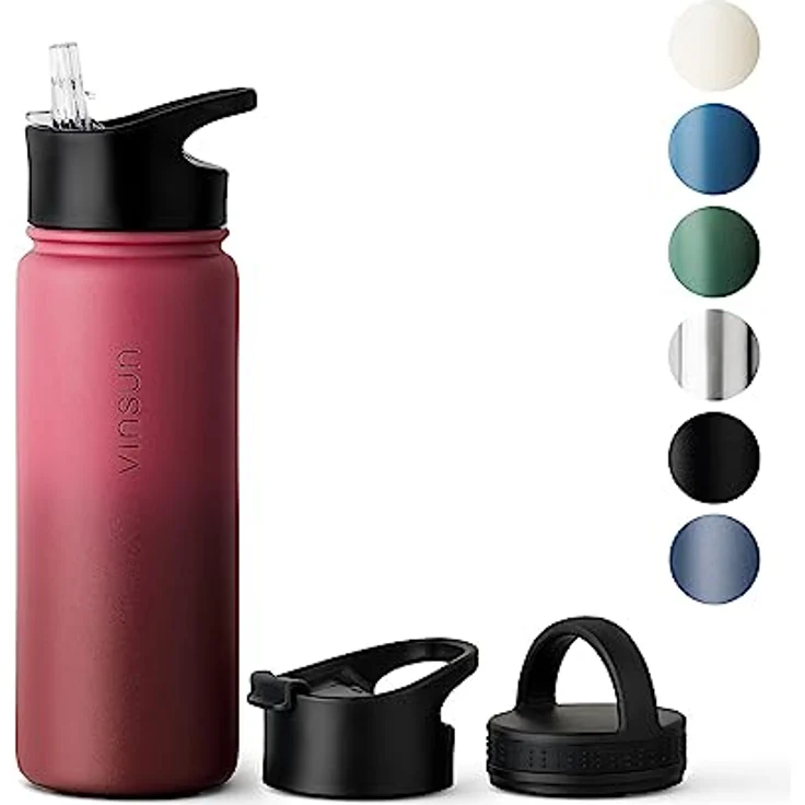 Vinsun Edelstahl Trinkflasche 500ml rot - auslaufsicher, Kohlensäure geeignet, BPA frei - 3 Deckel - Thermosflasche Sport, Outdoor, Schule, Uni, Fahrrad, Büro, Gym – Bild 1