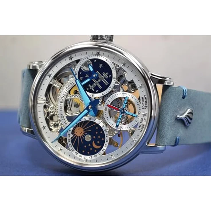Poljot-International Herrenuhr Handaufzug Orbita, Chronograph mit silbernem Zifferblatt und grauer/türkiser Lederarmband, 9931.2940555 – Bild 3