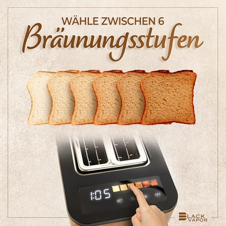 BLACKVAPOR Smart Toaster, digitaler Premium Toaster mit Touchscreen, edler Holzoptik, Doppelschlitzen, 6 Bräunungsstufen, Auftau- und Aufwärmfunktion, Brötchenaufsatz, Unterbrechungsfunktion – Bild 4