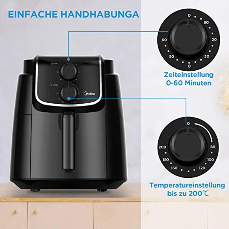 Midea MF-TN40D2 Airfryer XL, Heißluftfritteuse 4L,Dual Cyclone Technology, 90% Weniger Fett Heissluftfriteuse 1500W, 60min Timer, 200℃ Temperaturkontrolle, Automatischer Ausschaltfunktion,Schwarz – Bild 3