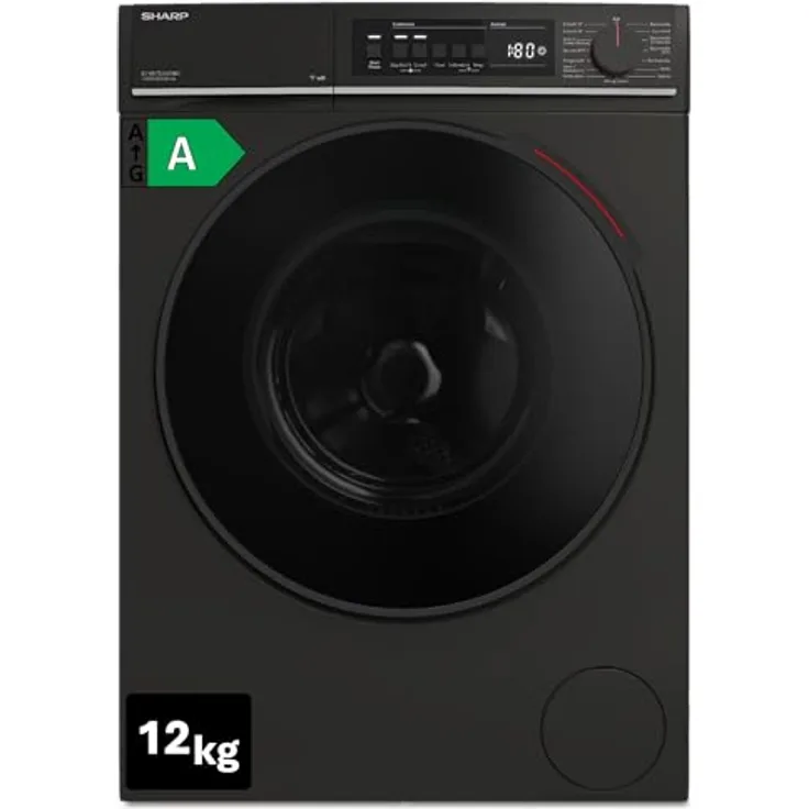 Sharp ES-WNFB214CMDA-DE Waschmaschine, 12 kg, Energieklasse A, 1400 U/min, Inverter Motor, AquaStop, WiFi App-Steuerung, Dampf-Funktion, Schnellwaschgang, Schwarz Matt
