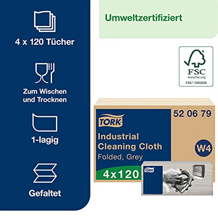 Tork Gefaltete Industrie Reinigungstücher Grau W4, flexibel und weich, 4 × 120 Tücher, 520679 – Bild 2