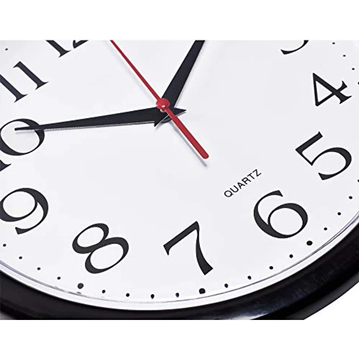 Bernhard Products Schwarze Wanduhr, geräuschlos, Nicht tickend, 25,4 cm, Quarz, batteriebetrieben, rund, leicht zu lesen, Zuhause/Büro/Küche/Klassenzimmer/Schuleuhr, Uhrwerk – Bild 2