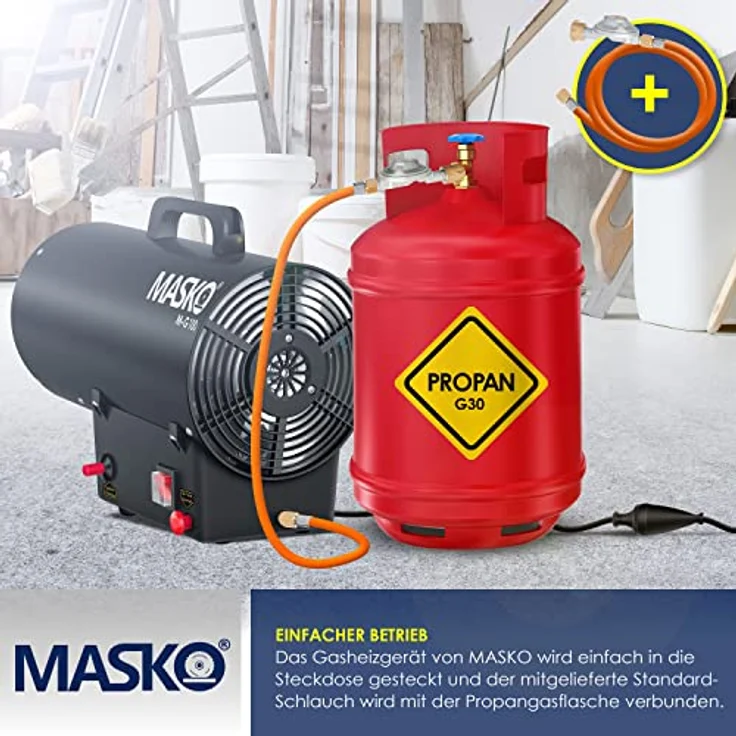 MASKO Gasheizgebläse Gasheizer Heizkanone Gasheizstrahler Bauheizer Gas Heizgerät heizstrahler Heißluftgenerator inkl. Gasschlauch & Druckminderer Heizgebläse für handelsübliche Gasflaschen Schwarz, 10 kW,  – Bild 7