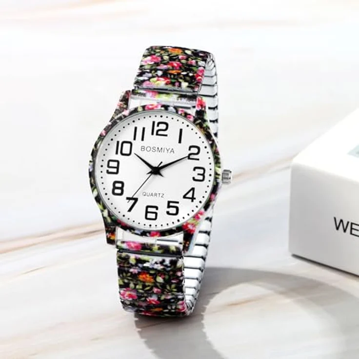 JewelryWe Damenuhr Boho Elastische Uhr, Analog Quarz mit Rotem Floral Druck und Großen Zahlen, Edelstahl Stretch-Armband – Bild 4