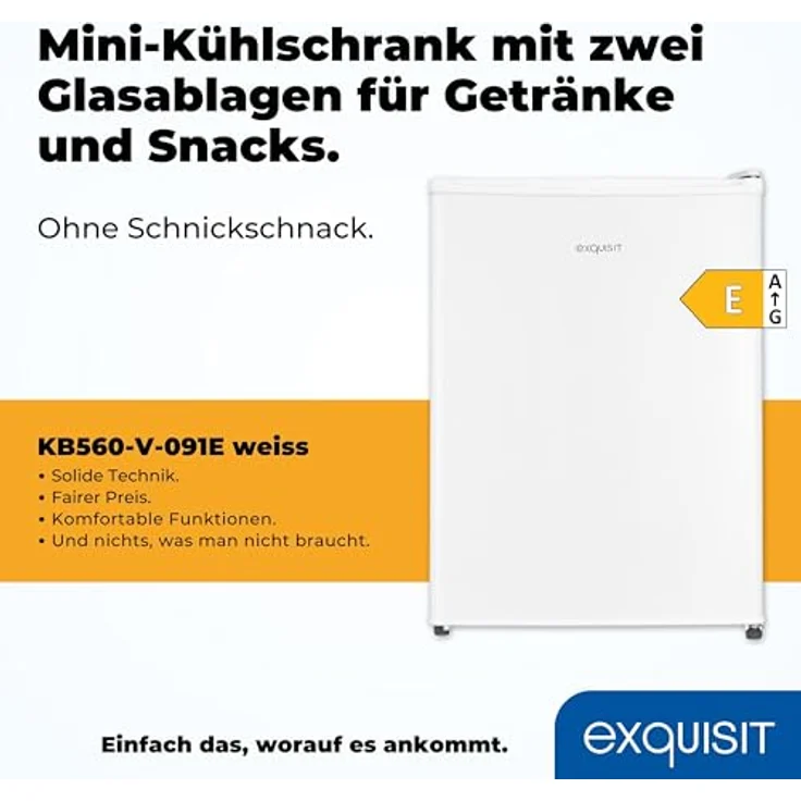 Exquisit Mini Kühlschrank KB560-V-091E, 50 l Nutzinhalt, Energieeffizienzklasse E, 41 dB, LED-Beleuchtung, manuelle Temperaturregelung, wechselbarer Türanschlag, weiss – Bild 2