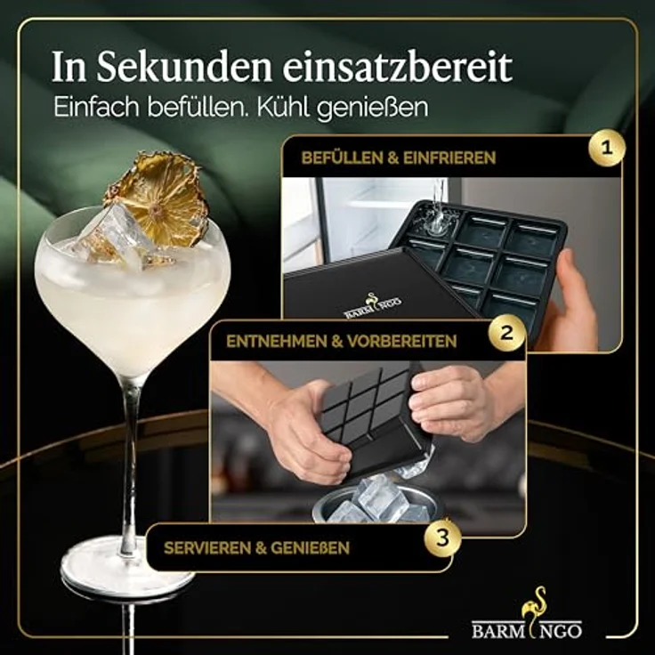 BARMINGO Edelstahl Eiswürfelbehälter mit Deckel, 2l doppelwandig isolierter Eiskübel mit Sieb, Eiswürfelform und Zange, BPA-frei, Metallic-Schwarz – Bild 5