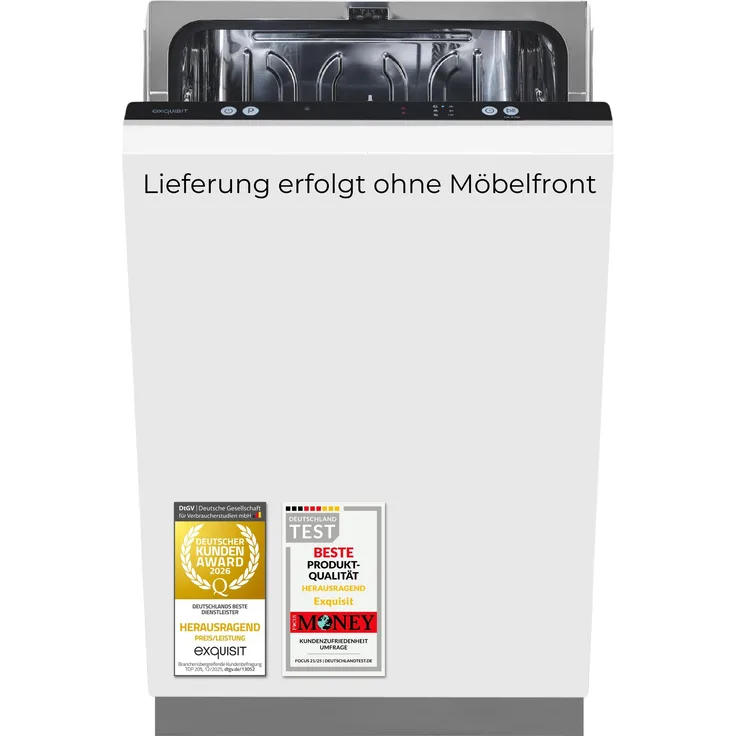 Exquisit EGSP1009-E-450D, vollintegrierbarer Geschirrspüler für 9 Maßgedecke, Energieeffizienzklasse D, 49 dB(A), 6 Programme, Aquastop, Startzeitvorwahl, LED-Anzeige, schwarz