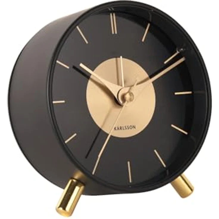 Karlsson Wecker Gold Disc, runder Wecker aus Eisen, Schwarz, Ø12cm mit Zifferblatt-Streifen – Bild 1