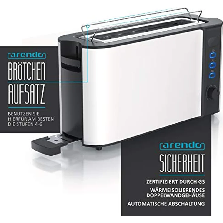 Arendo Frukost 2-Scheiben-Edelstahl Langschlitz-Toaster - Defrost Funktion - 1000W - Integrierter Brötchenaufsatz - Display mit Restzeitanzeige - Weiß – Bild 4