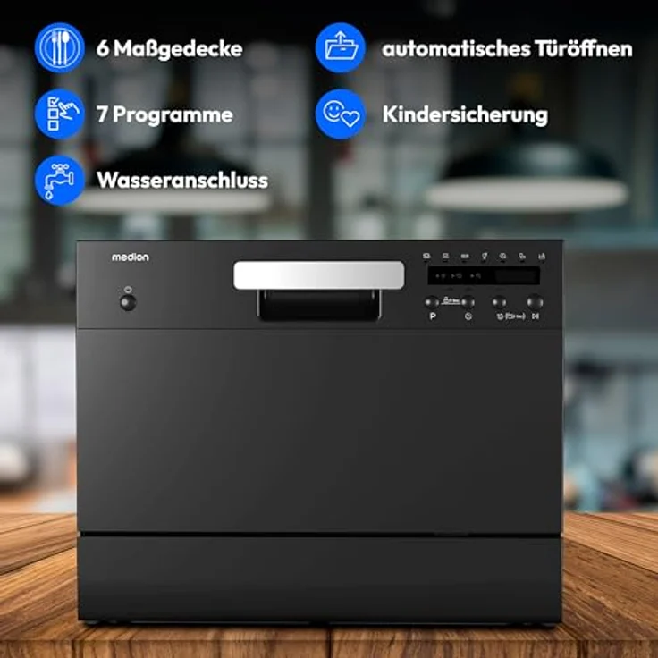 MEDION Tischgeschirrspüler DWT 60, freistehend für 6 Maßgedecke, Energieeffizienzklasse D, schwarz, 7 Reinigungsprogramme – Bild 3