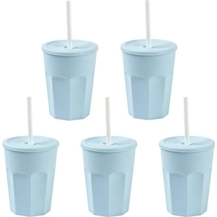 ENGELLAND - 5x Kunststoffbecher mit Deckel Blau Trinkbecher mit Strohhalm Party-Becher Plastik Trink-Gläser Mehrweg 0,25l