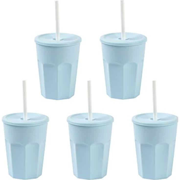 ENGELLAND - 5x Kunststoffbecher mit Deckel Blau Trinkbecher mit Strohhalm Party-Becher Plastik Trink-Gläser Mehrweg 0,25l – Bild 1