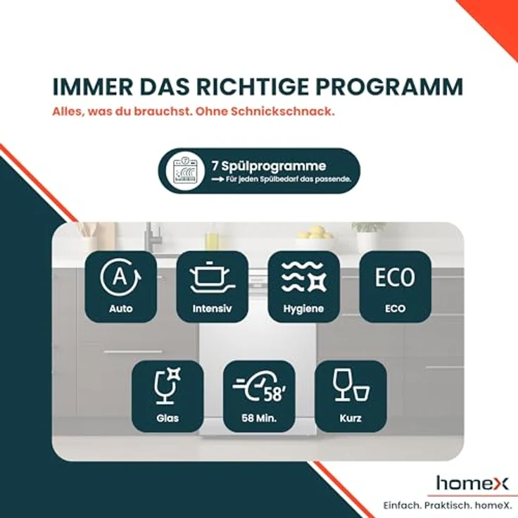 homeX DWFS601444C-S Geschirrspüler 60 cm, freistehend mit 14 Maßgedecken, 7 Programmen, AquaStop, 44 dB, unterbaufähig – Bild 7