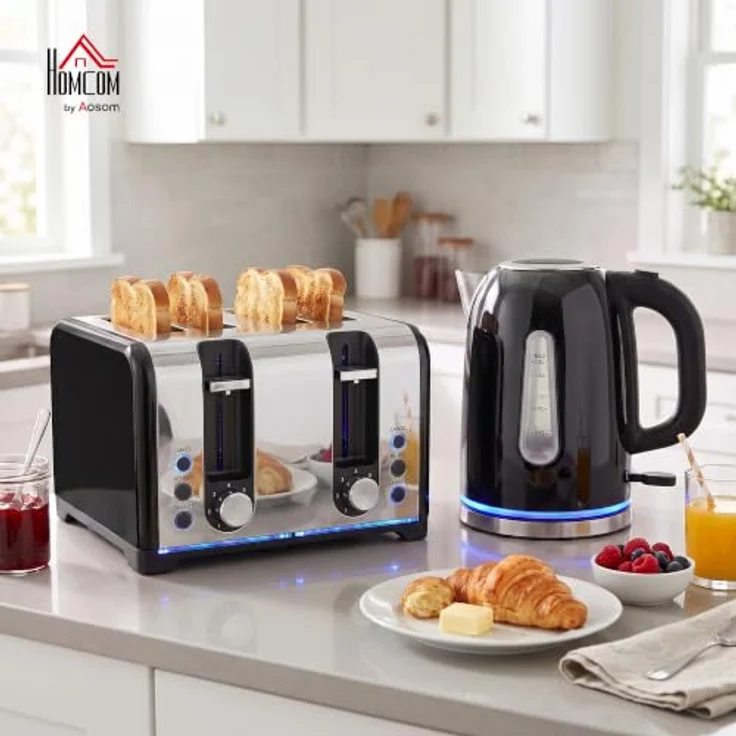 HOMCOM Wasserkocher und Toaster Set, Schnellkoch-Wasserkocher 1,7 l und 4-Scheiben-Toaster, Schwarz – Bild 2