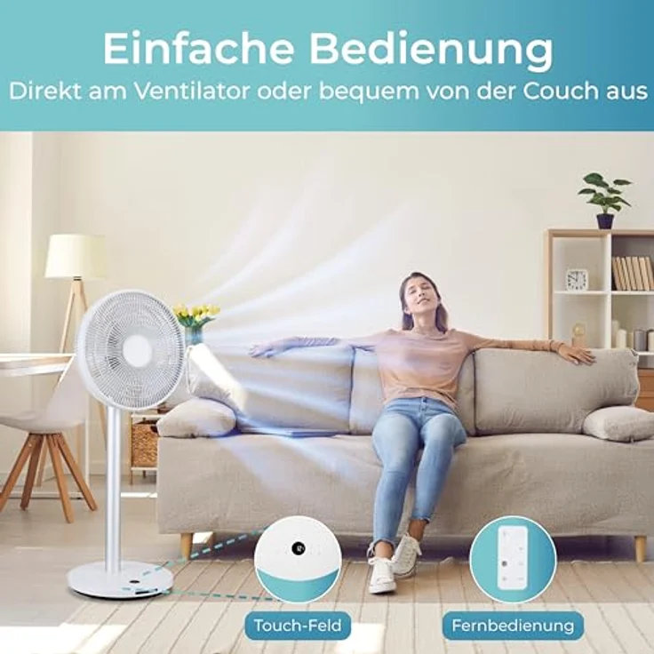 KLAMER Silent Ventilator, extra leiser DC Designventilator mit Fernbedienung, 12 Geschwindigkeitsstufen von lau bis turbo, Standventilator, Schlaf- & Eco-Modus, 8h Timer, autom. 90° Oszillation, weiß – Bild 5