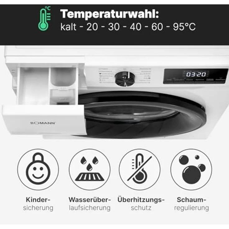 Bomann® Waschmaschine 10kg | max. 1400 U/min | effizienter, leiser & langlebiger Invertermotor | 10 Jahre Motor-Garantie | 15 Programme | Endzeitvorwahl | LED-Display | Washing Machine WA 7110 – Bild 5