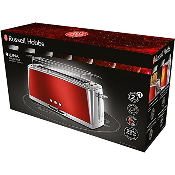 Russell Hobbs Langschlitz Toaster Luna rot, extra breite 1 Langschlitzkammer, Brötchenaufsatz, 6 einstellbare Bräunungsstufen + Auftau- & Aufwärmfunktion, Schnell-Toast-Technologie, 1420W, 23250-56 – Bild 2