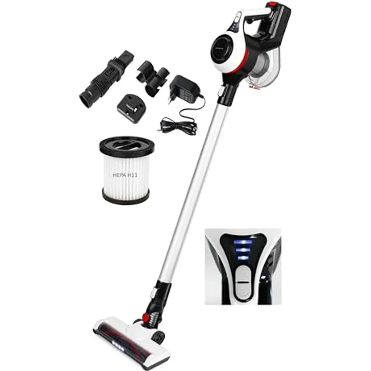 Emerio UVC-130959, Akku Staubsauger | kabellos | 2 Saugstufen | 130W | 22,2V | 2200mAh | HEPA H11 Filter, Schwarz/Weiß