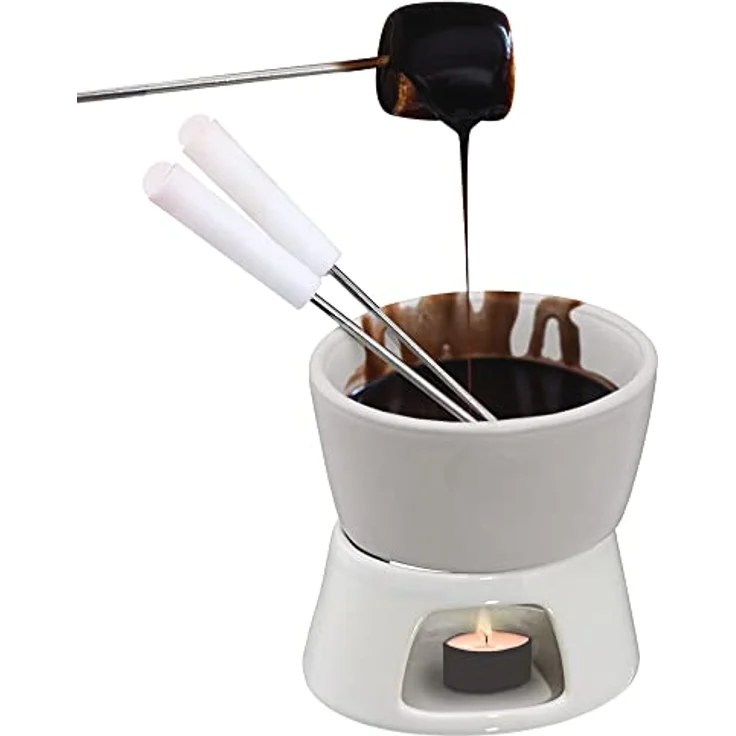 Cepewa 1 x Keramik Schokofondue Set Fondue-Set Schokolandenfondue weiß inkl. 2 Edelstahlgabeln (1 x Schokofondue-Set) - Preisvergleich – Bild 4