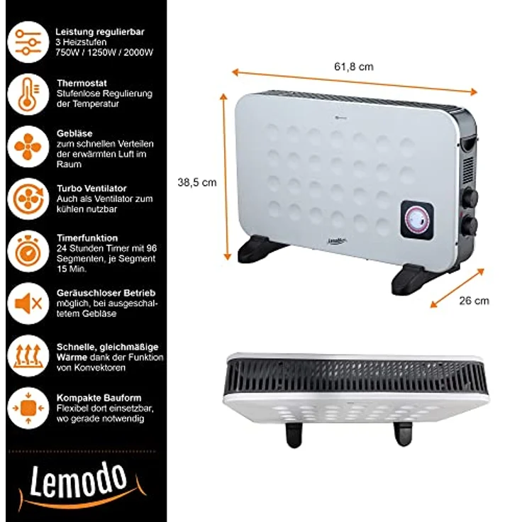 Nativ LEMODO mobile Elektroheizung - energiesparende Konvektor Heizung - Elektrische Heizung mit 3 Leistungsstufen - Heizgerät ohne Gas - robuster Elektroheizkörper (750W / 1.250W / 2.000W) – Bild 4