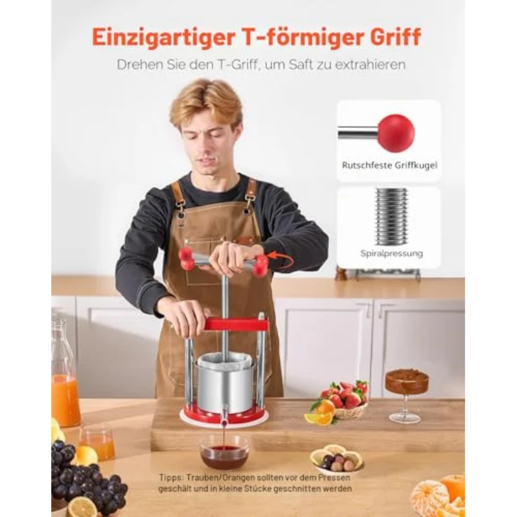 VEVOR Obstweinpresse Apfelmühle (1,65 L) mit 2 Edelstahlfässern, manueller Entsafter und robustem Design für gesunden Saft – Bild 4