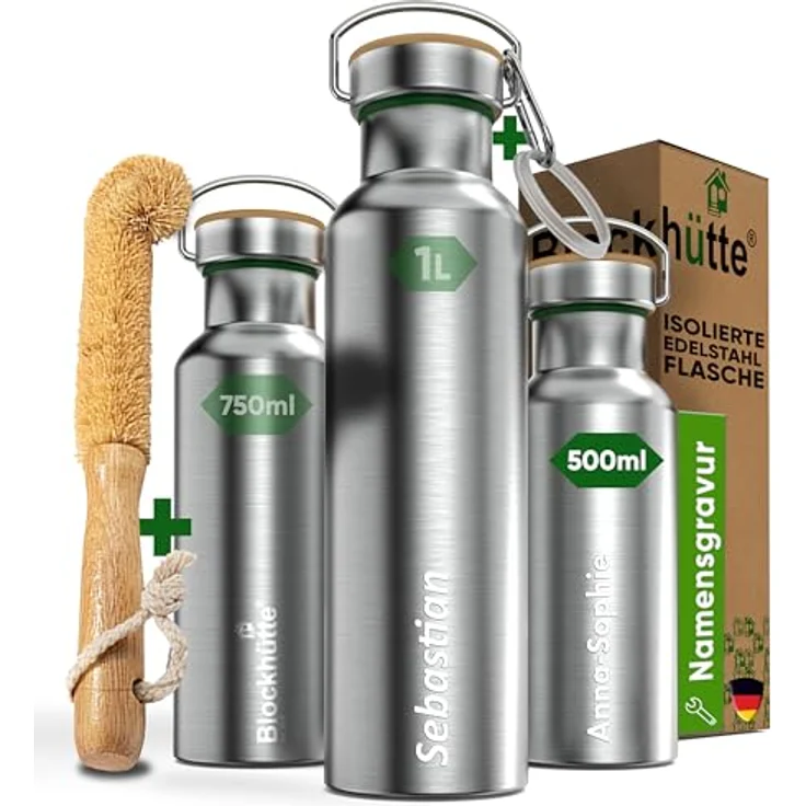 Blockhütte Personalisierte Edelstahl Trinkflasche 500ml, Auslaufsicher, BPA-frei, Thermoflasche für Kinder und Erwachsene, Kohlensäure geeignet, Gravur mit Namen – Bild 1