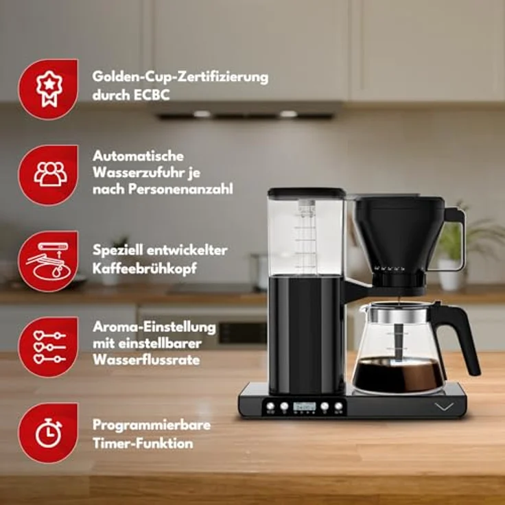 VESTEL FCM9065 Golden Cup Filterkaffeemaschine, 1550W, Edelstahlgehäuse, 1,25L Glaskanne, Warmhaltefunktion, Tropfstoppschutz – Bild 2