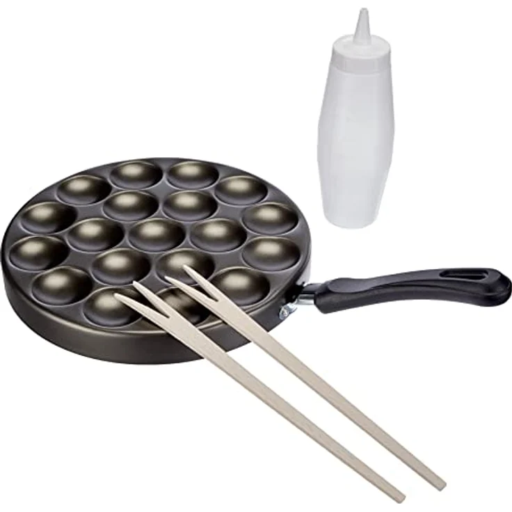 patisse Poffertjes Pfanne-Set mit Rezepten, Teigflasche und Holzstäbchen, Aluminium, Schwarz, 25 cm, 6-Einheiten – Bild 2