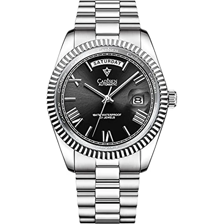 CADISEN Automatik Uhr MIYOTA 8285, Mechanische Automatikuhr mit Saphirglas, Edelstahlarmband, Wasserdicht bis 100m, Schwarz – Bild 1