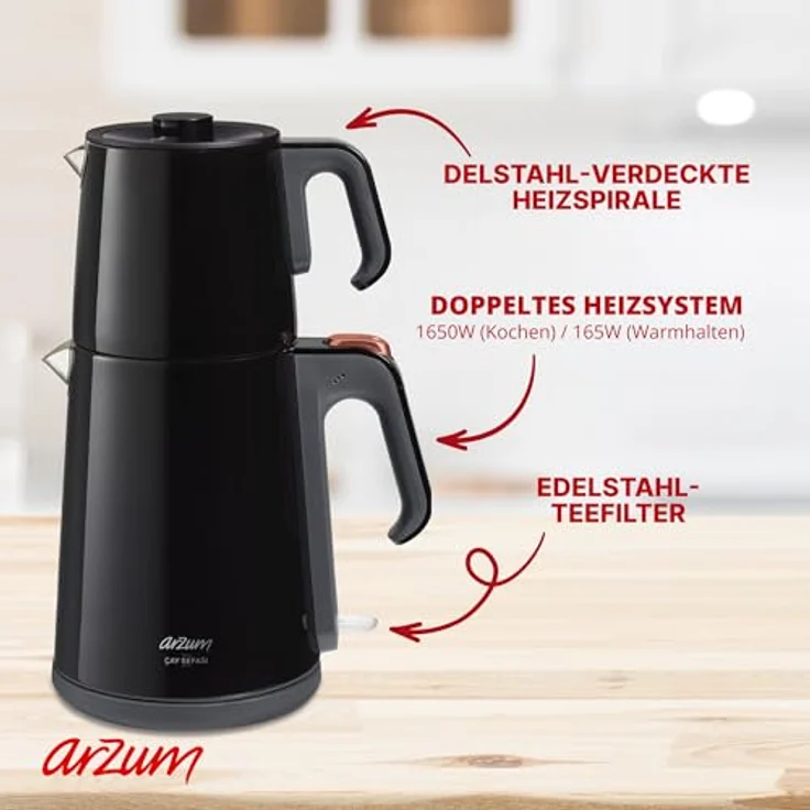 Arzum AR3080-S Çay Sefası Tea Machine in Schwarz, 1.8L stoneless steel kettle, 1.2L stoneless steel teapot, 360° rotation – Bild 6