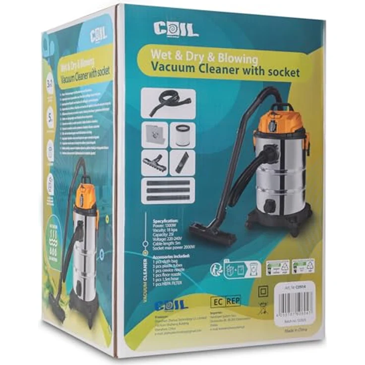 COIL Industriesauger Profi Nass- & Trockensauger, 1300 W, 25-Liter Edelstahlbehälter, mit HEPA-Filter, Steckdose & Blasfunktion, beutellos, 18 kPa Saugkraft – Bild 8