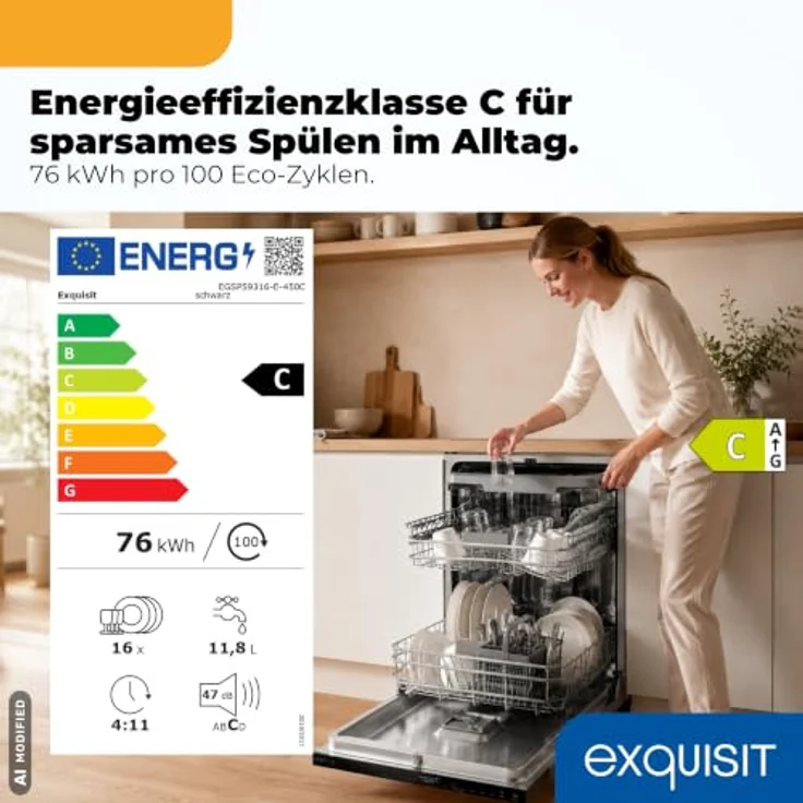 Exquisit EGSP59316-E-450C, Vollintegrierbarer Geschirrspüler für 16 Maßgedecke, Energieklasse C, 8 Programme, Aquastop, Besteckschublade, Extra-Trocknung, Schwarz – Bild 2