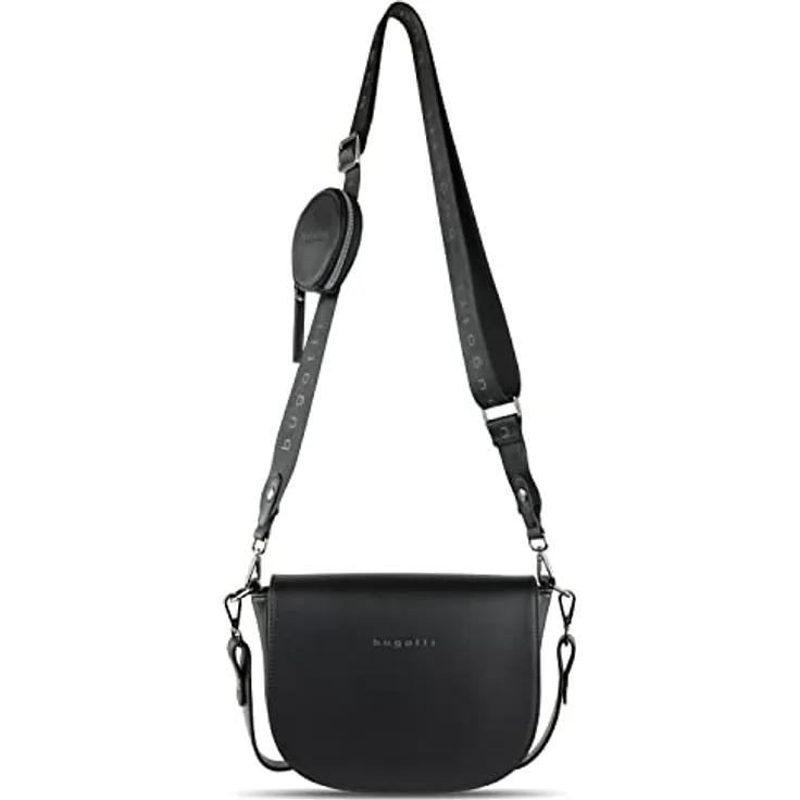 Bugatti Almata Schultertasche, elegante schwarze Handtasche mit verstellbarem Trageriemen und zusätzlichem Steckfach