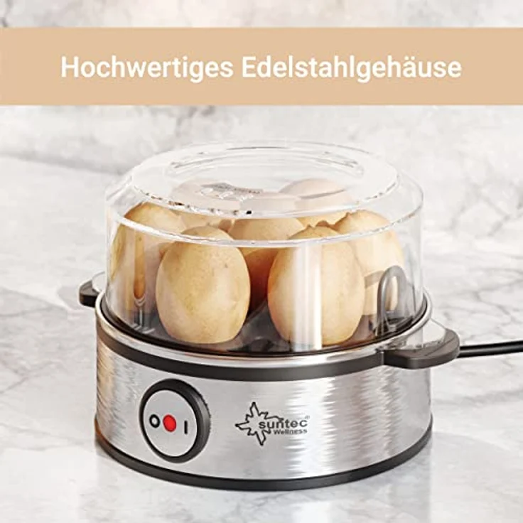 SUNTEC Eierkocher Edelstahl EGG-8564 | 1 ? 7 Eier mit 3 Härtegradeinstellung [weich mittel hart] für das perfekte Ei max. 7eier | inkl. Akustisches Signal [Timer, Abschaltautomatik] Schale für Rührei – Bild 5