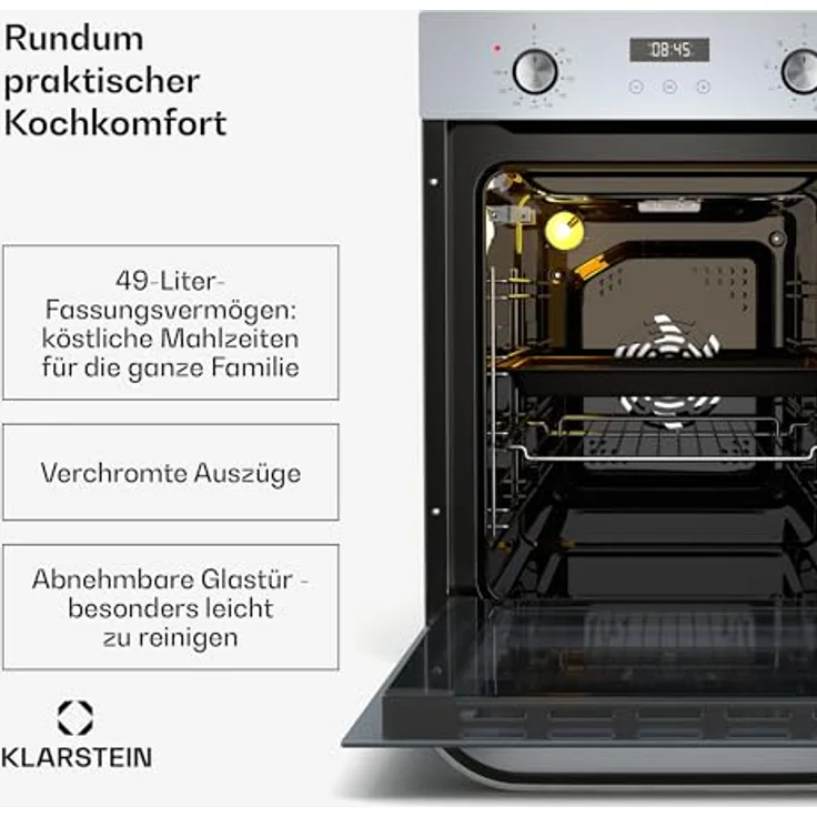 Klarstein SmartSlim Einbaubackofen 45 cm, 49 L, 9 Funktionen, Dampfreinigung, abnehmbare Glastür, schwarzes Glas, digitaler Timer – Bild 3
