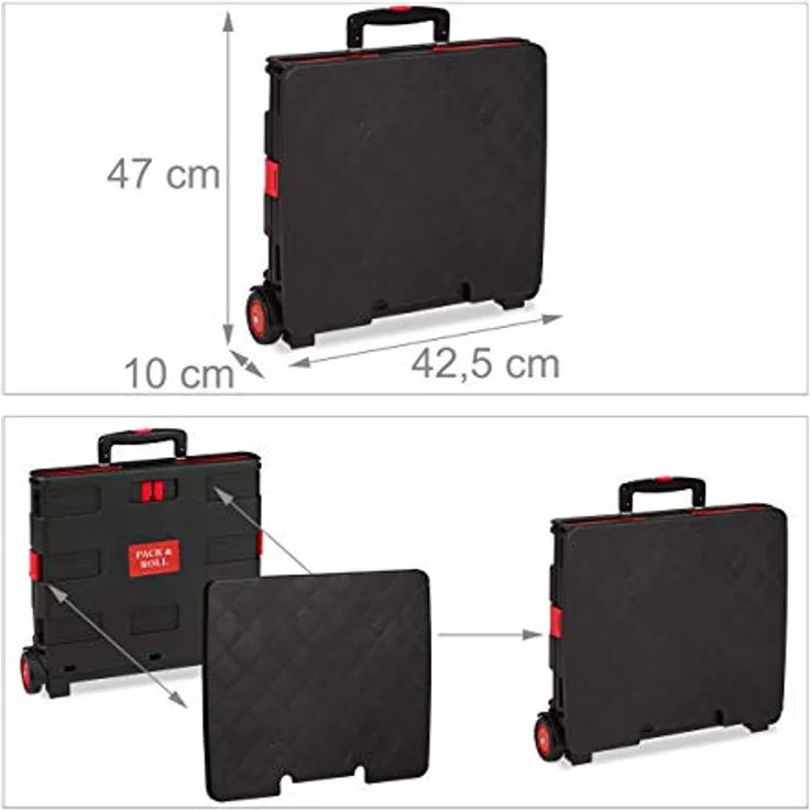 Relaxdays Einkaufstrolley klappbar, bis 35 kg, 50 l Kiste, mit Teleskopgriff, 2 Rollen, Transport Trolley, rot/schwarz - Preisvergleich – Bild 5