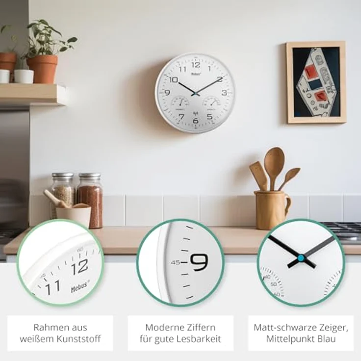 Mebus Funk-Wanduhr Modell 52841, 30 cm mit Temperatur- und Luftfeuchtigkeitsanzeige, lautlos, weiß – Bild 3