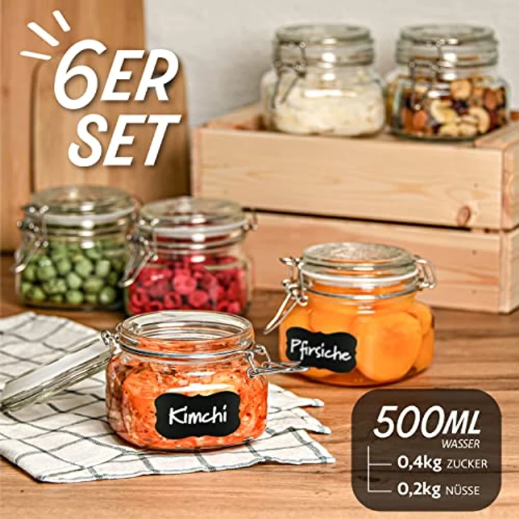 Niboline 6 Einmachgläser mit Bügelverschluss 500ml - Luftdicht, mit Etiketten, Stift und extra Silikondichtungen - Eckige Form, spülmaschinenfest – Bild 3