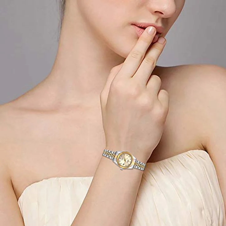 JewelryWe Paar Uhr Analog Quarz mit Gold Strass Zifferblatt, 30M wasserdicht, Edelstahl Armband für Damen und Herren – Bild 2
