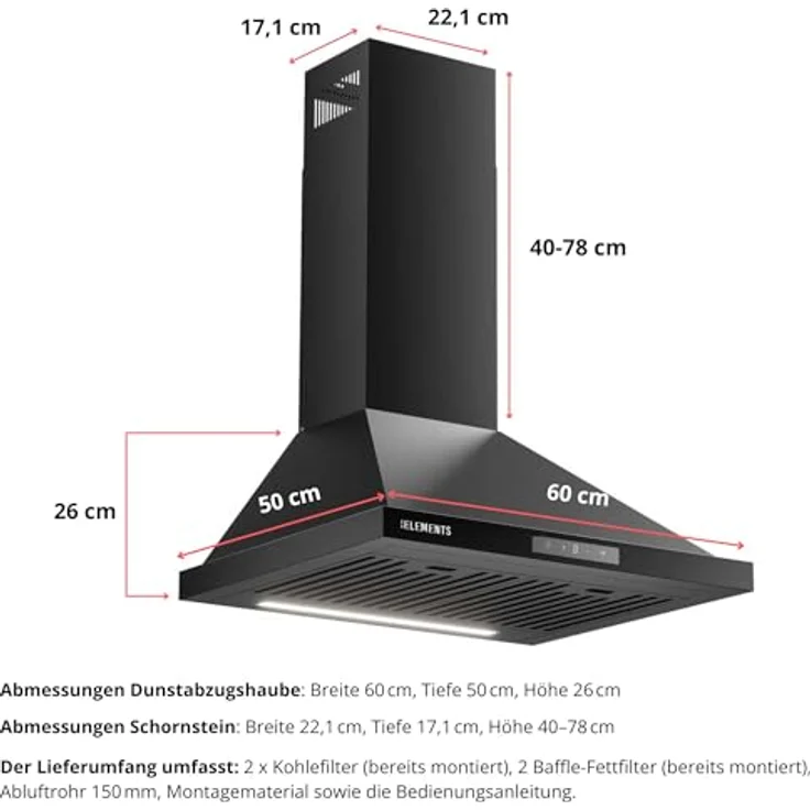 KB ELEMENTS Dunstabzugshaube Unterbau 60 cm, Touch- und Gestensteuerung, 650 m³/h, Doppelter Motor, Abluft/Umluft, mit Glasfront und LED-Beleuchtung – Bild 6