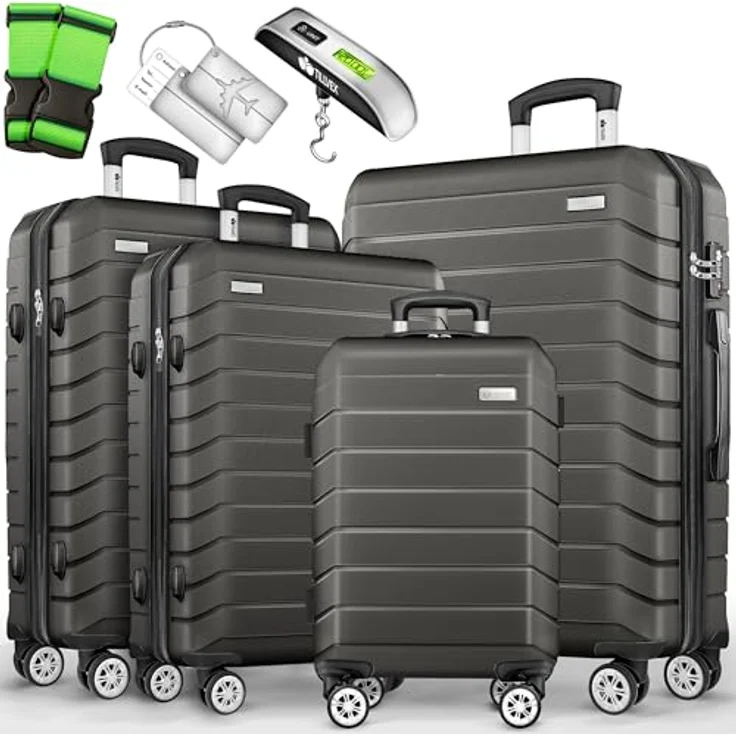 tillvex® Reisekoffer Set 4-TLG. Hartschalenkoffer S-M-L-XL mit 4 Rollen, TSA Schloss, Gepäckwaage, 8 Koffergurte & 4 Kofferanhänger, Grau/Anthrazit – Bild 1